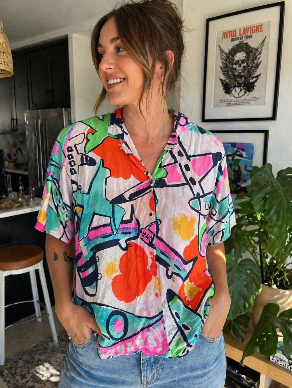 Vintage Flora Kung 100% Silk Blouse Womens Size 10 80s Abstract Floral Button Up